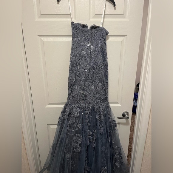 Sequined mermaid grey prom dress with no straps & has a floral design - Picture 2 of 2